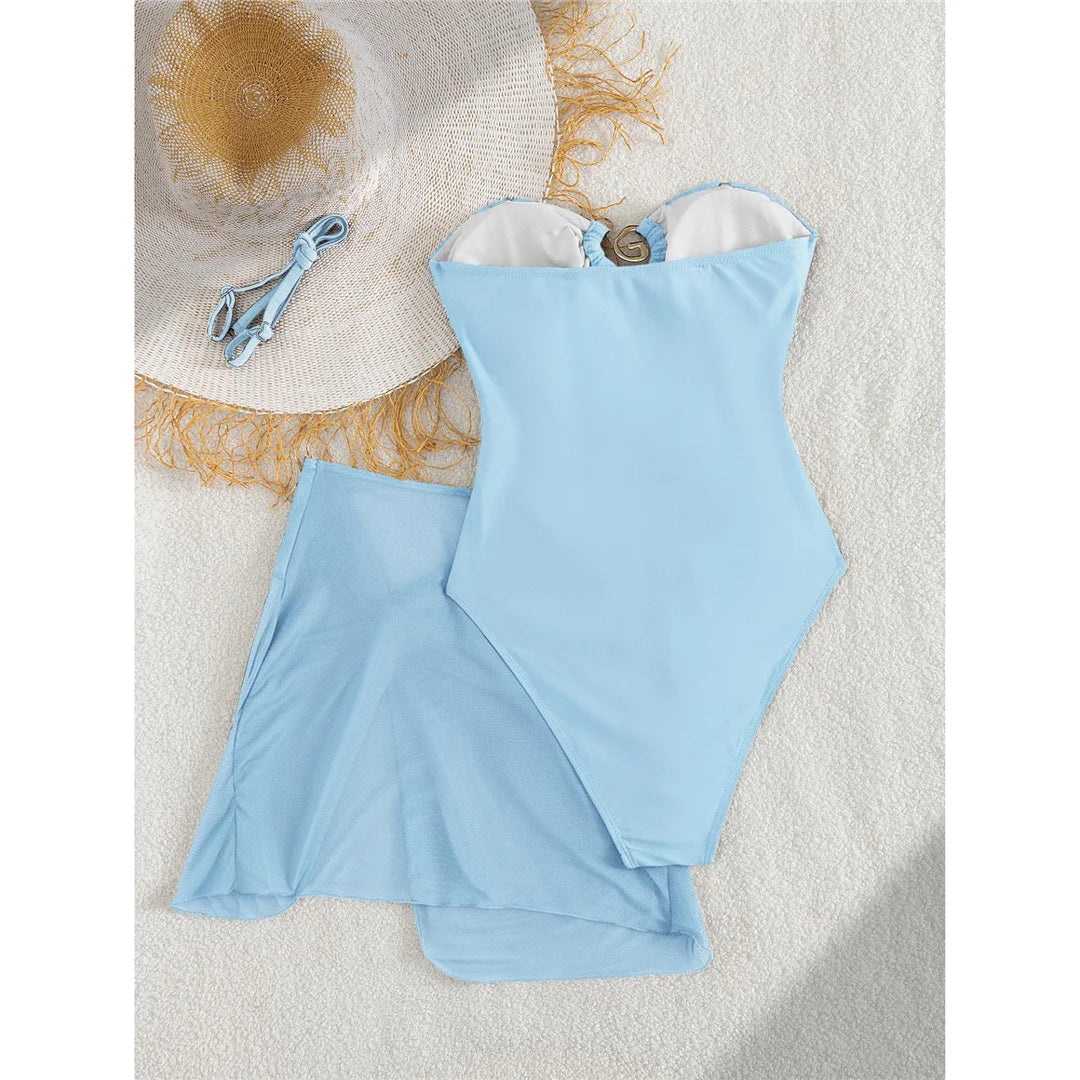 XS - L 6 Colors One Piece Swimsuit Female With Skirt Cut Out Women Swimwear Bandeau Metal Ring Bather Bathing Suit Swim V8108