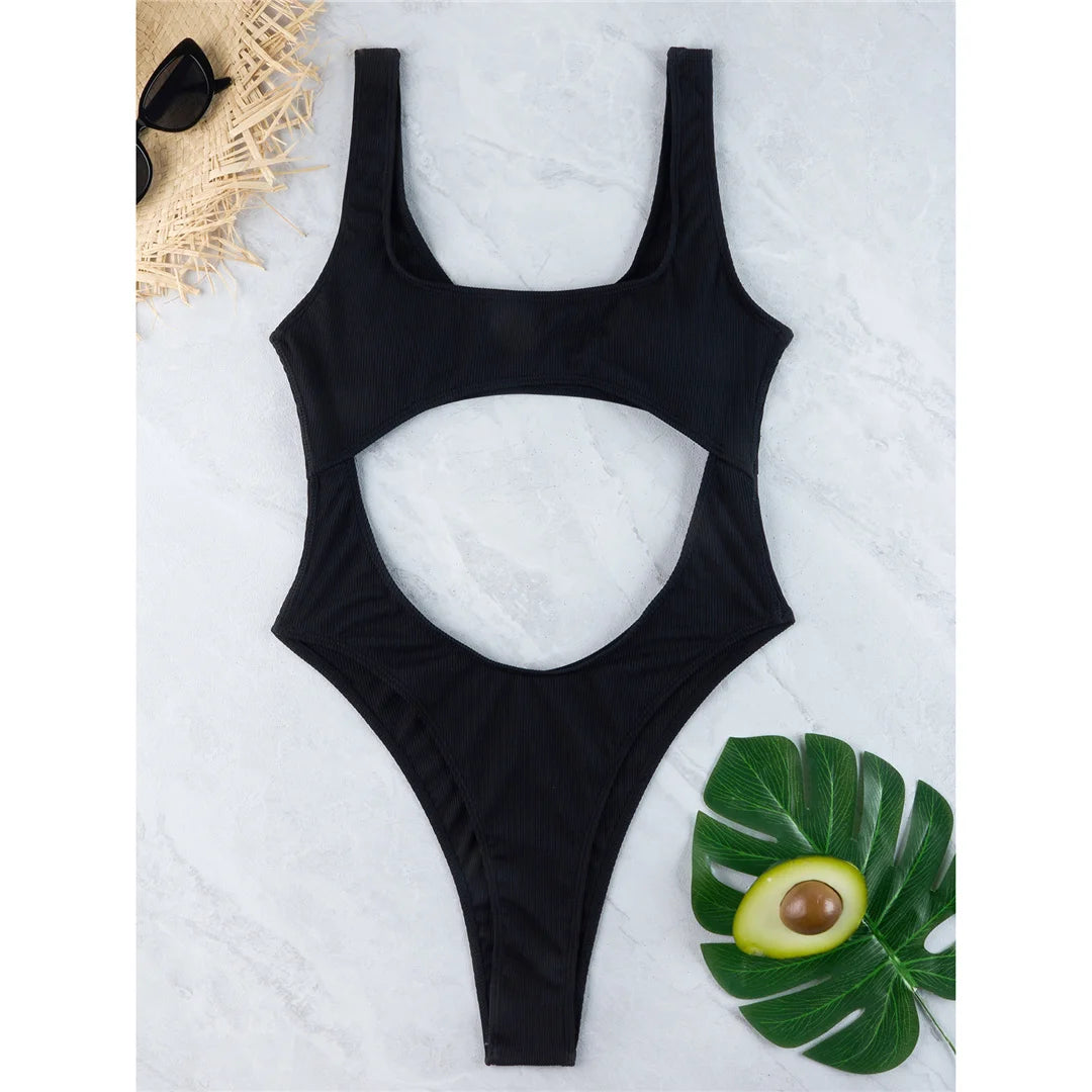 Sexy Tummy Cut Out Ribbed Backless One Piece Swimsuit Women Swimwear Female High Leg Cut Padded Bather Bathing Suit Swim K5263