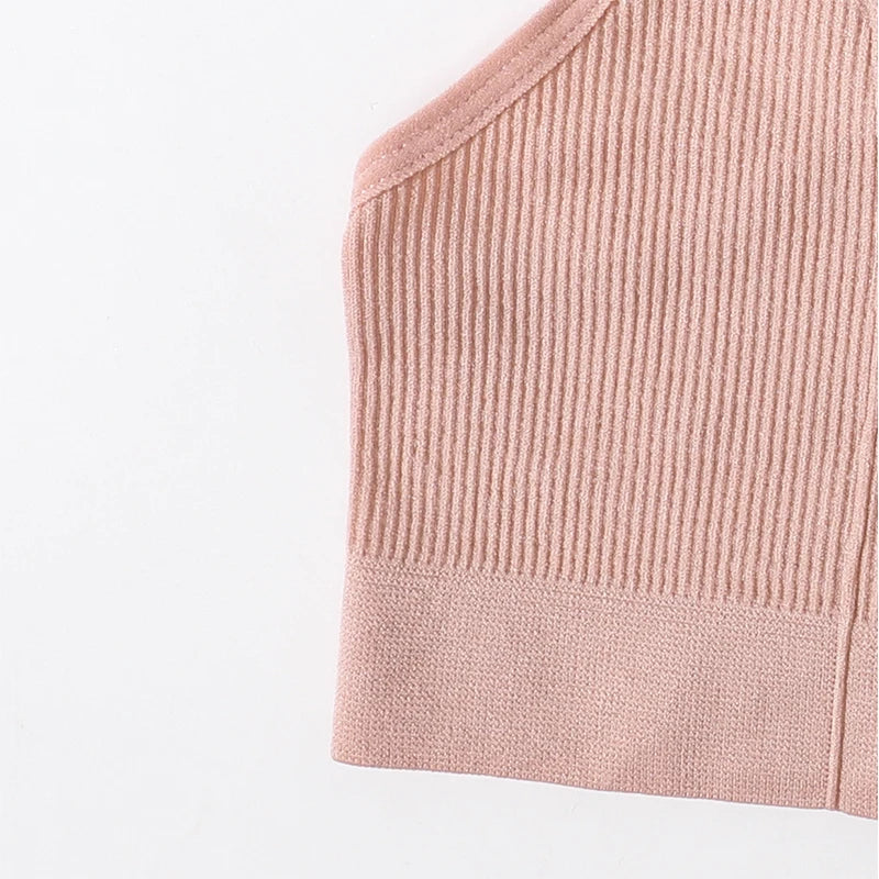 Women Ribbed V-Neck Wireless Bra Solid Color Knit Bralette Stretch Thin Straps Liner-Free No Chest Pads Lingerie Daily Intimates