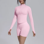 Women's Seamless Yoga Sets Sports Fitness Gym Zipper Long-Sleeve Jacket Hip Lift High-Waist Shorts Suits Workout Training Sets