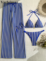 With Pants Striped Halter Bikini Female Swimsuit Women Swimwear Three-Pieces Bikini Set Brazilian Bather Bathing Suit Swim V7838