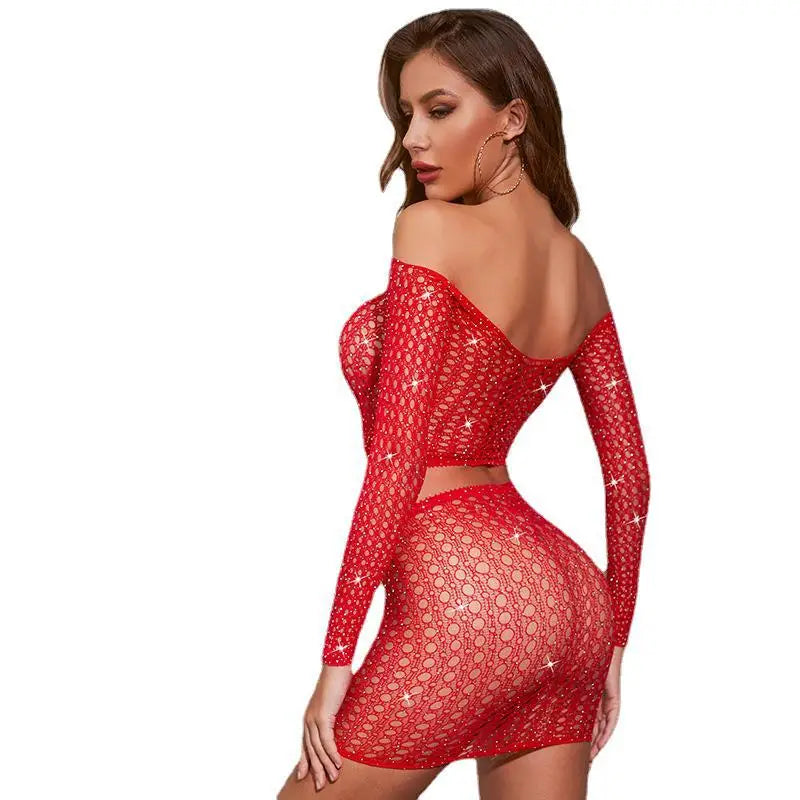 Mature and plus-size women's clothing, fishnet dress, sheer design, suitable for nightclub wear, and a sexy lingerie set.