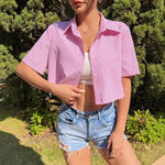 Y2K Style Pink Striped Crop Blouse for Women Short Sleeve Lapel Button-Up Women's Shirt Back Tie Top Lady Summer Casual Outfit