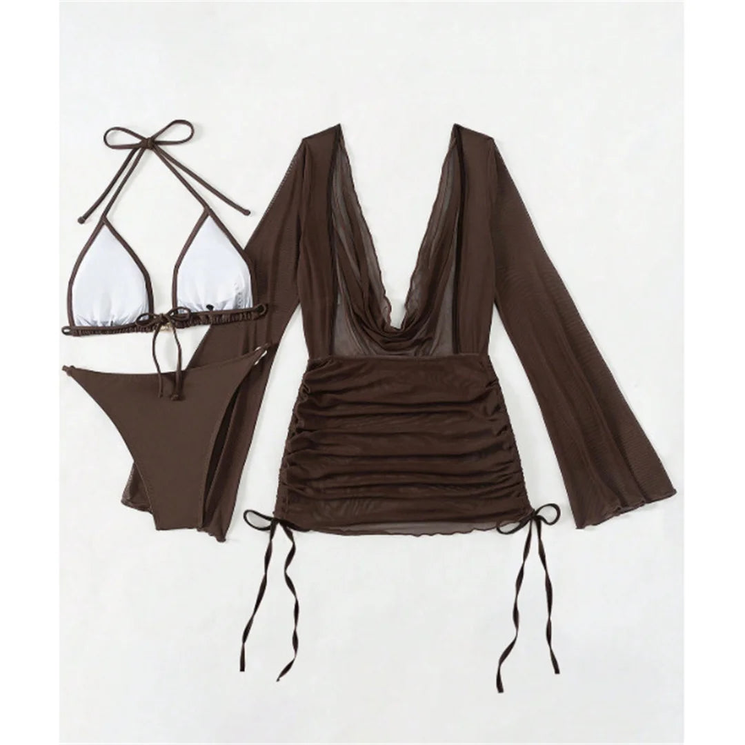 S - XL 3PCS With Long Sleeve Dress Bikini Women Swimwear Female Swimsuit Three-pieces Bikini Set Bather Bathing Suit Swim V7757