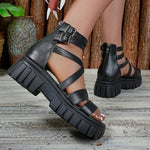 Roman Style Hollow Thick Heel Sandals Women's Large Size Slip-On Beach Sandals PU Material Comfortable Breathable Ladies Shoes