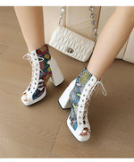 White Floral Embroidered Peep Toe Lace-Up Chunky Block Heel Platform Hollow Out Ankle Sandal Boots for Women