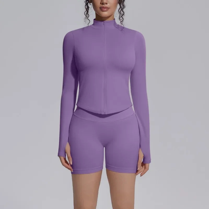 Women's Seamless Yoga Sets Sports Fitness Gym Zipper Long-Sleeve Jacket Hip Lift High-Waist Shorts Suits Workout Training Sets