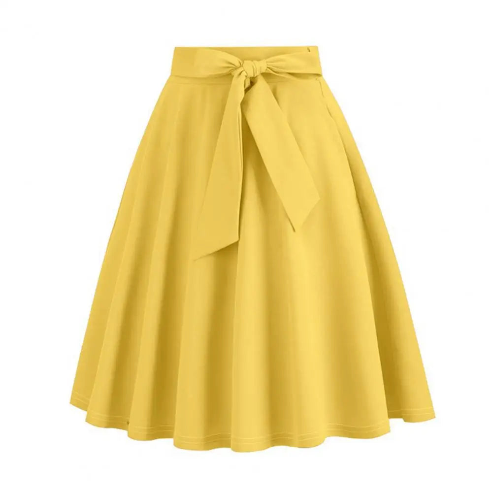 Women Skirt A-line Big Swing Belted Tight Waist Bow Decor Solid Color High Waist Soft Ruffle Summer Dating Party Midi Skirt