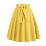 Women Skirt A-line Big Swing Belted Tight Waist Bow Decor Solid Color High Waist Soft Ruffle Summer Dating Party Midi Skirt