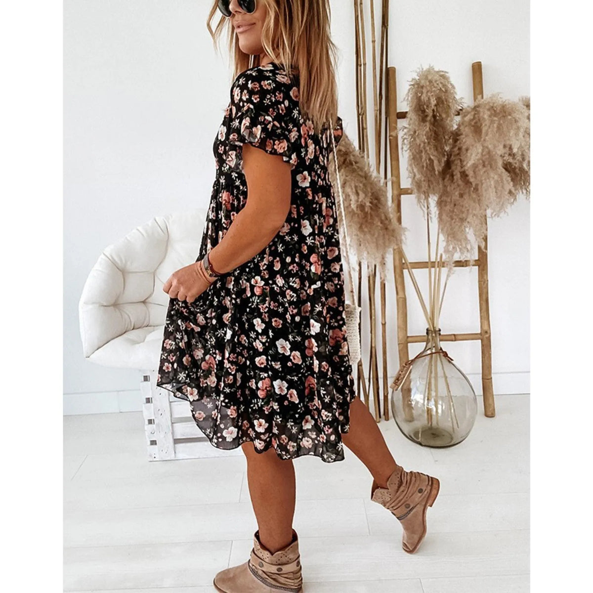 Summer Lady Ruffle Mini A Line Dress Women Casual Floral Print Dresses O Neck Elegant Short Sleeve Midi Dress Vacation Vestidos