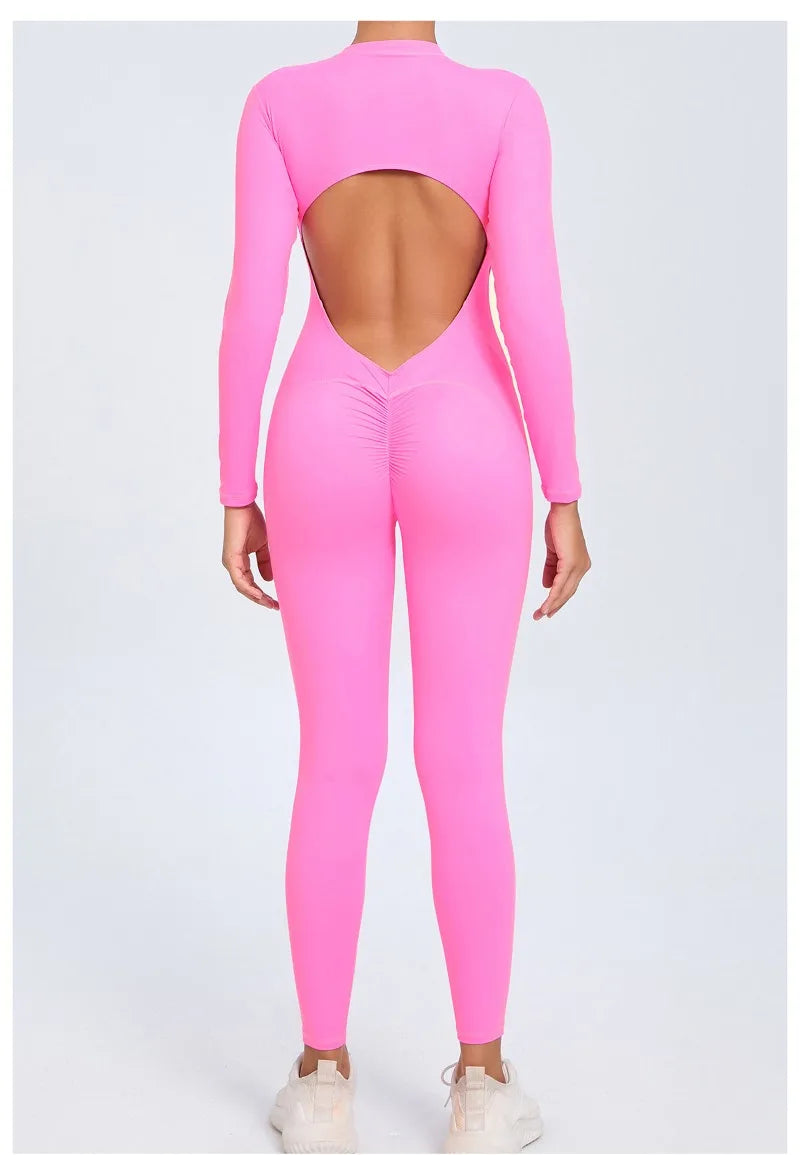 Women's Seamless Yoga Bodysuit Long Sleeve Zipper & Back Cutout Naked Feeling Quick-Dry Running Fitness Workout Jumpsuit