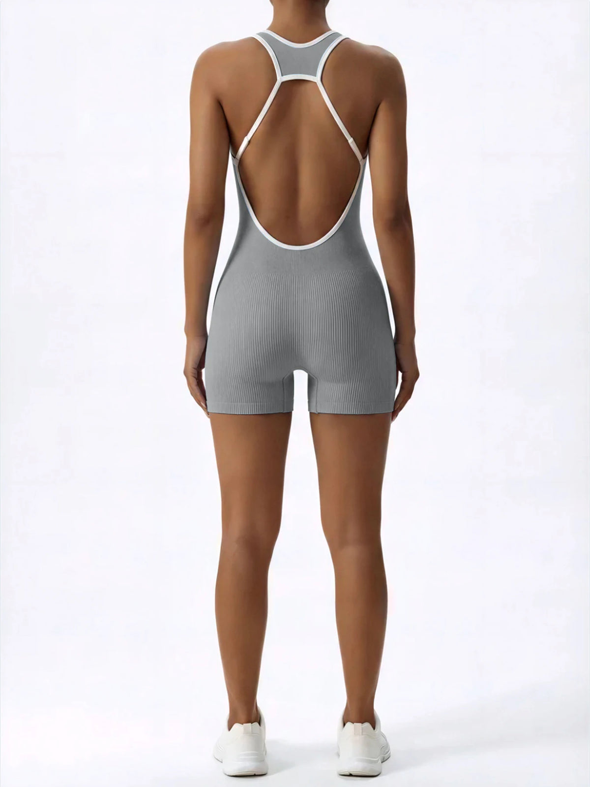 Sleeveless Contrast Trim Backless Yoga Romper Seamless Body Shaping Sport Jumpsuit for Running Training