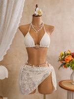 Sexy Mesh Cover Up 3 Piece Bikini Set 2026 Women White Metal Circle Push Up Bra Thong Swimwear Holiday Bathing Suit Swimsuit