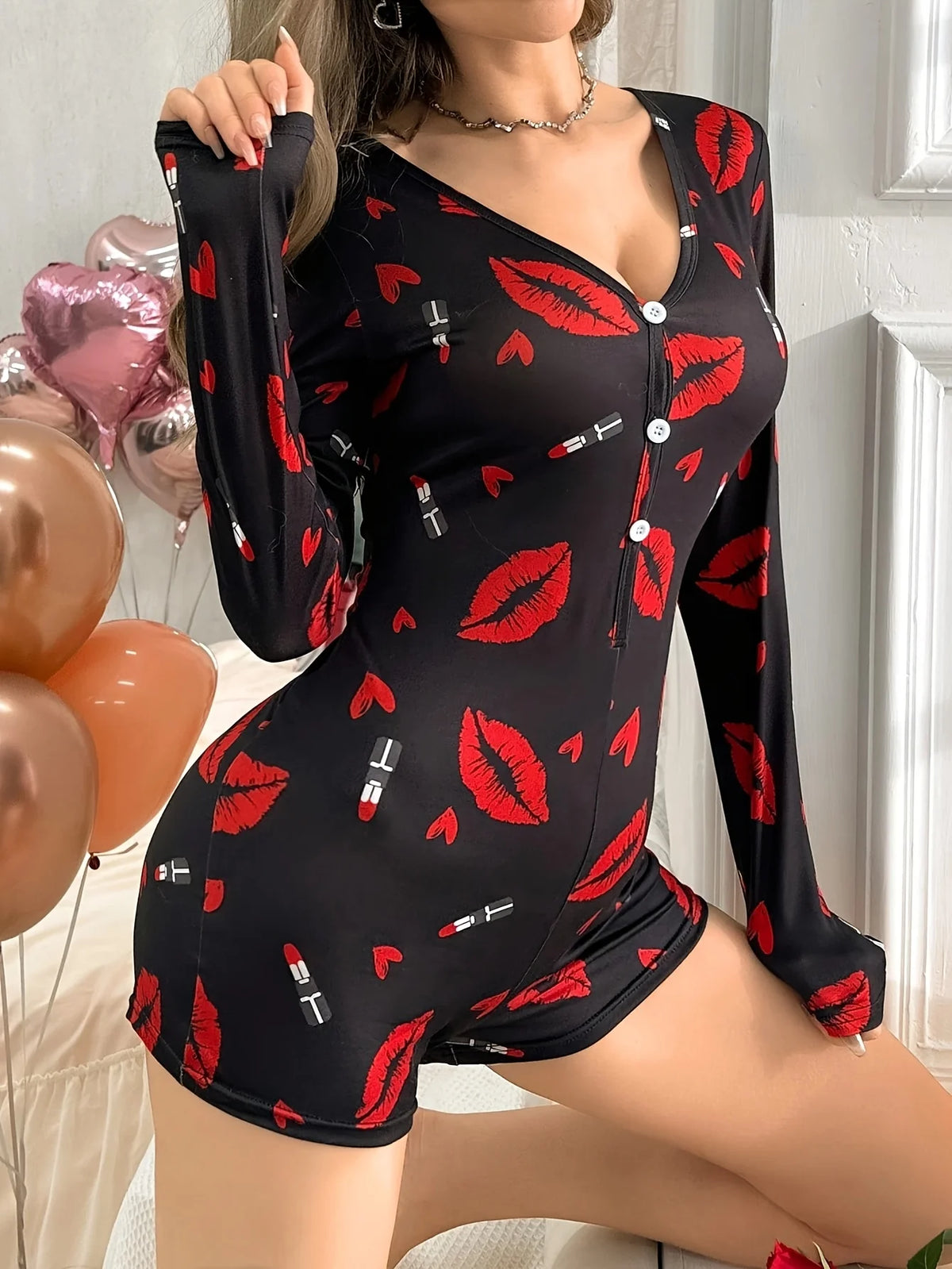 Summer Onesies Women's Sexy Pajamas Bodysuit Casual Red Lips Print V-neck Front Button Long Sleeve Jumpsuit Sleepwear
