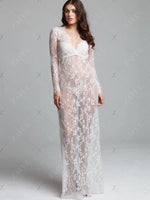 Sexy See Through Lace Long Dresses For Women Deep V-neck Solid Color Maxi Dress Fashion Streetwear Party Night Club Vestidos New
