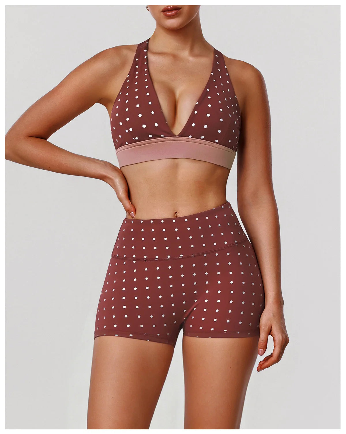 Summer Red Polka Dot Print Yoga Sets Women V Neck Shockproof Sports Bra High Elasticity Hip Lifting Shorts Running Fitness Suits