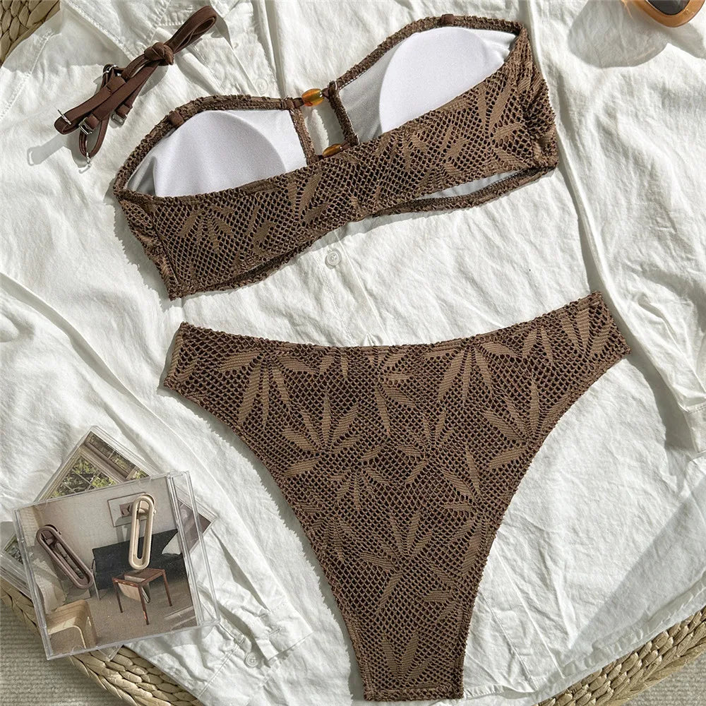 Brown Leaf Fishing Net Bandeau Bikinis Sets Front Hollow Out Sexy Swimsuit Woman 2026 Bead Swimwear Bathing Suit Bikini De Mujer