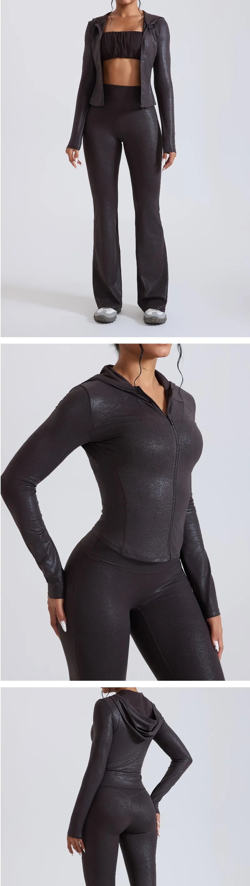 Women's Nude Faux Leather Yoga Top Windproof Tight Fitting Slimming Waist Cinching Zipper Sports Jacket Outdoor and Fitness Top