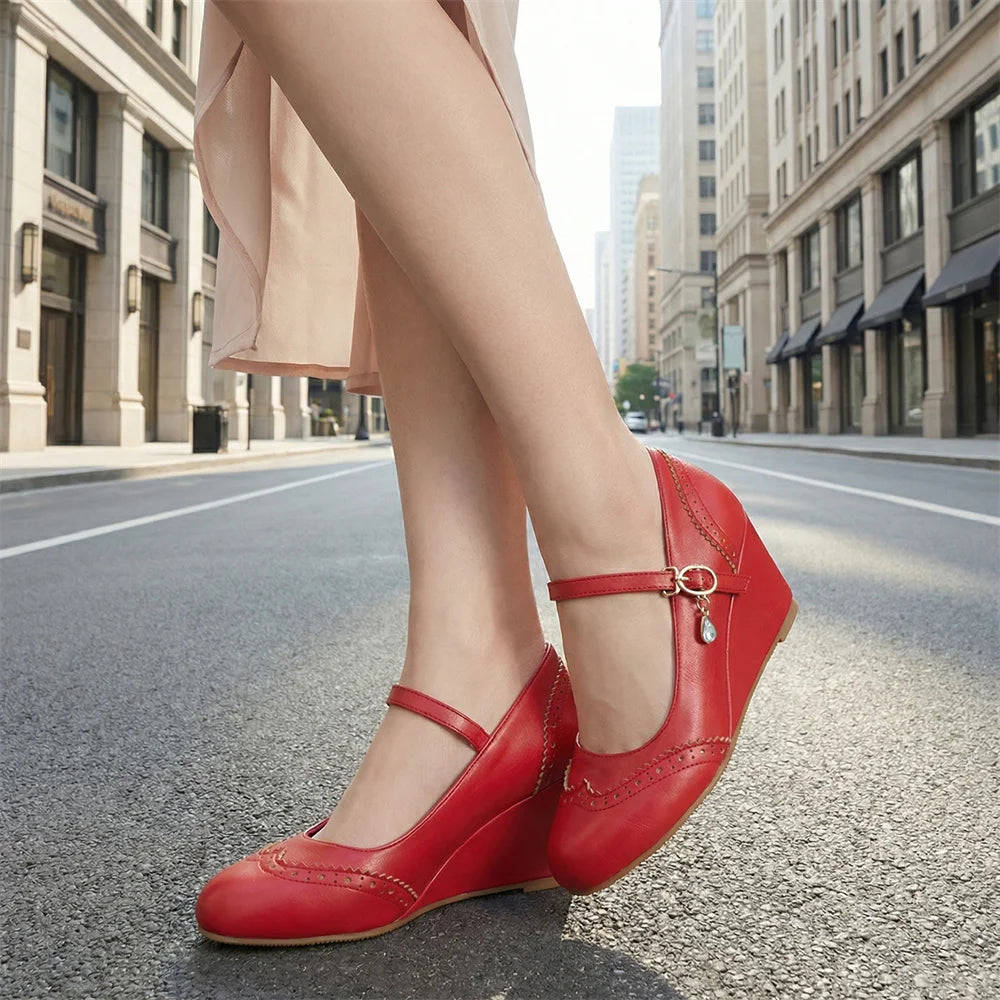 2026 Small Big Size 32-48 Vintage Green 7cm High Heels Wedges Pumps White Red Comfy Walk Summer Mary Janes Brogue Shoes Women
