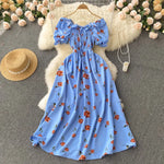 2025 Summer French Vintage Floral Dress Fashion Elegant High-Waisted Drawstring Vestidos Printed Fresh And Sweet Long Dresses
