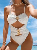 Sexy White Bandeau One Piece Swimsuit 2026 Women Metal 3D Flower Hollow Out Pleate Monokini summer Bathing Suit Holiday Swimwear
