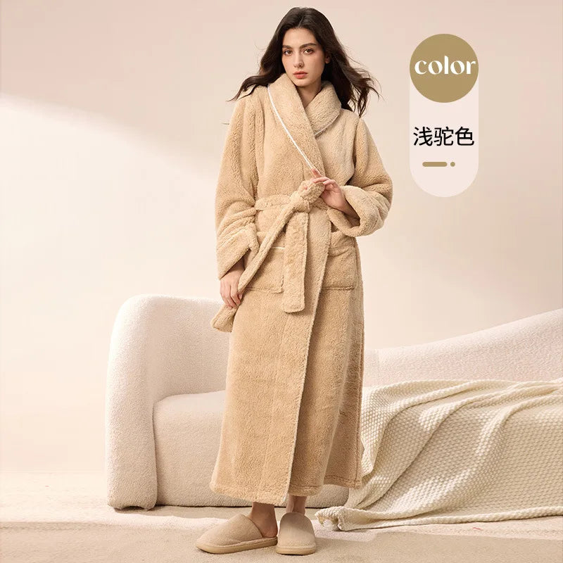 Thick Cozy Fleece Couple Bathrobe, Men Women Long Warm Loungewear, Autumn Winter Flannel Plus Size Robe Pajamas