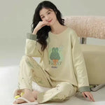 Cotton High Quality Large Size Ladies Autumn Winter Pajamas Women Pullover Long-Sleeved Cartoon School Homewear Green 2PCS/Set