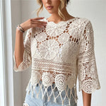 Half Sleeve Hollow Out Solid Crochet Knitted Tunic Beach Cover Up Cover-ups Beach Dress Beach Wear Beachwear Female Women V8401