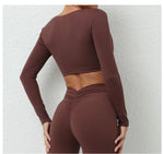 Long Sleeve Gym Crop Tops for Women Twist Deep V Workout Quick Dry Padded Sports Fitness Yoga T-Shirt