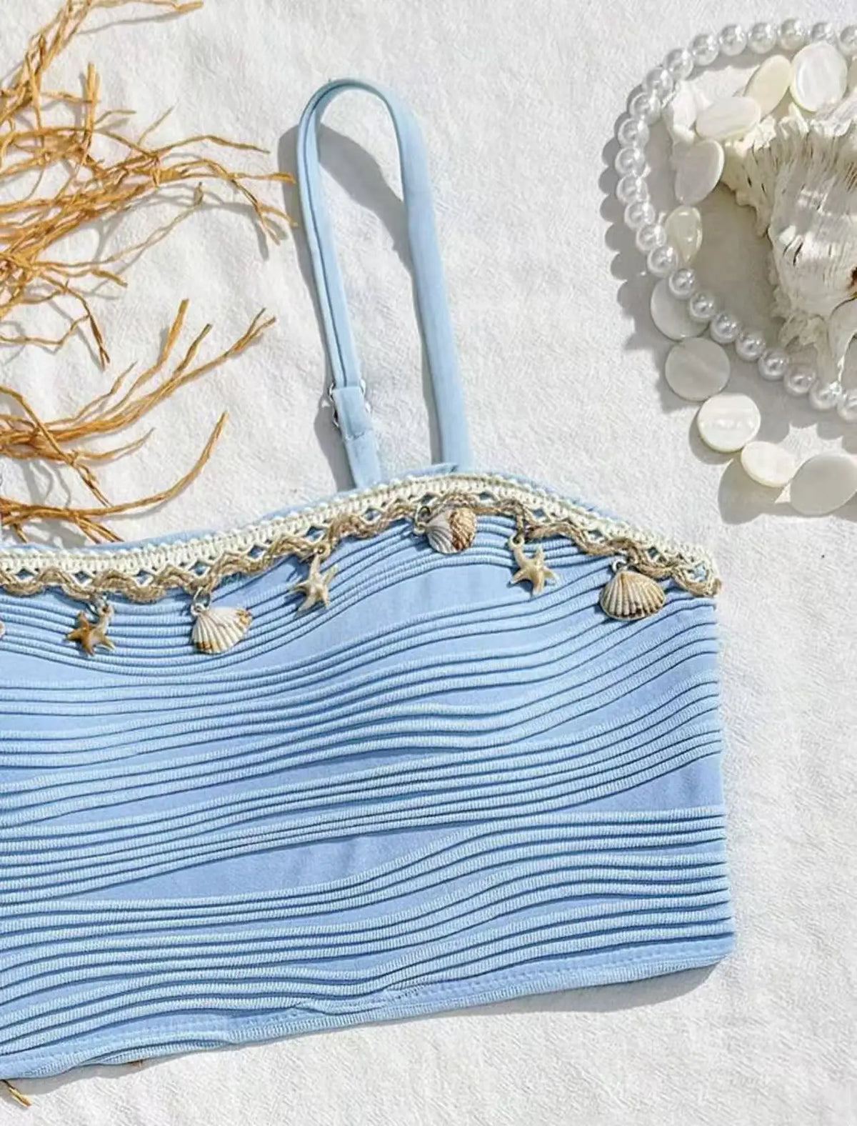 New Shell Starfish 3 Pieces Bandeau Bikini Set Swimsuit Women Blue Swimwear with Sarong Skirts Swim Dress Beachwear Bathing Suit