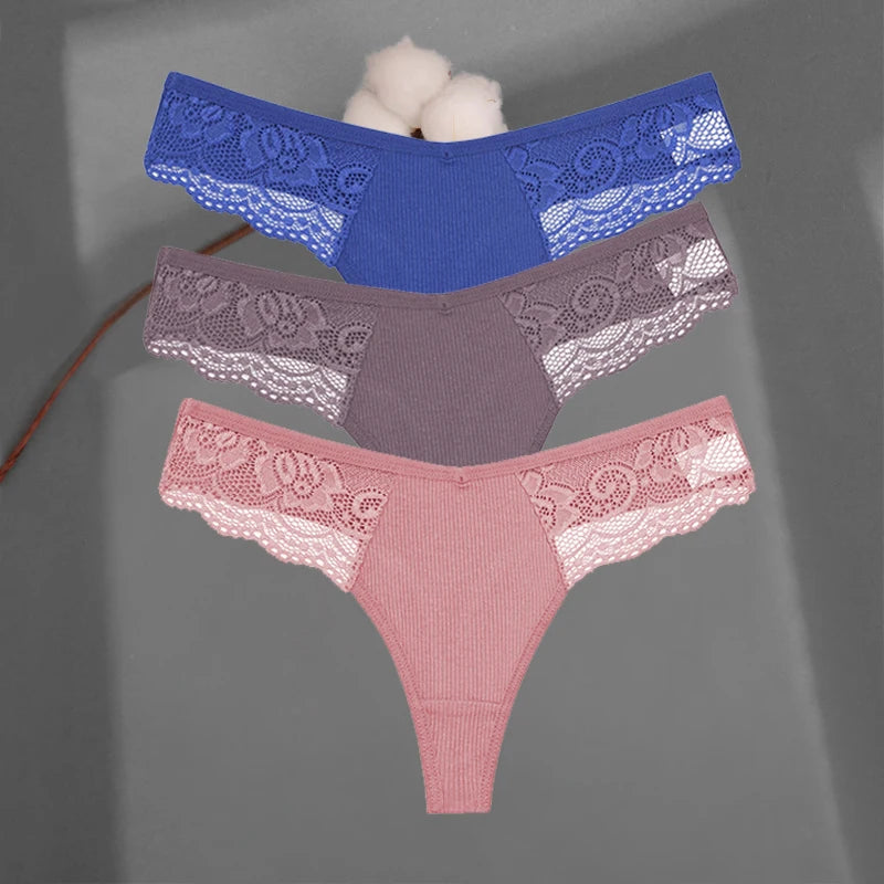 3Pcs/set Cotton Thongs Lace Bikini Underpants Women S-XL T-Back Underwear Ladies G-string Soft Thong Panties Female Lingerie New