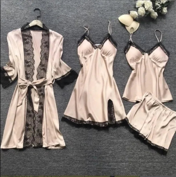 4 Pieces Women's Sexy Lace Pajamas Fashion V-Neck Gown Comfort Pajamas Pajamas Pajamas With Chest Pads Nightdress Casual Loungew