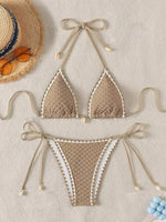 Sexy White Contrast Bikinis Sets 2026 Women Shell Ornament Push Up Tie Side Thong Swimsuit Summer Bathing Suit Micro Swimwear