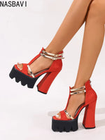 Women's Flock Suede Leather T-Strap Platform Sandals Chunky High Heels Elegant Sandals Sexy Party Shoes Rose red England 34-43