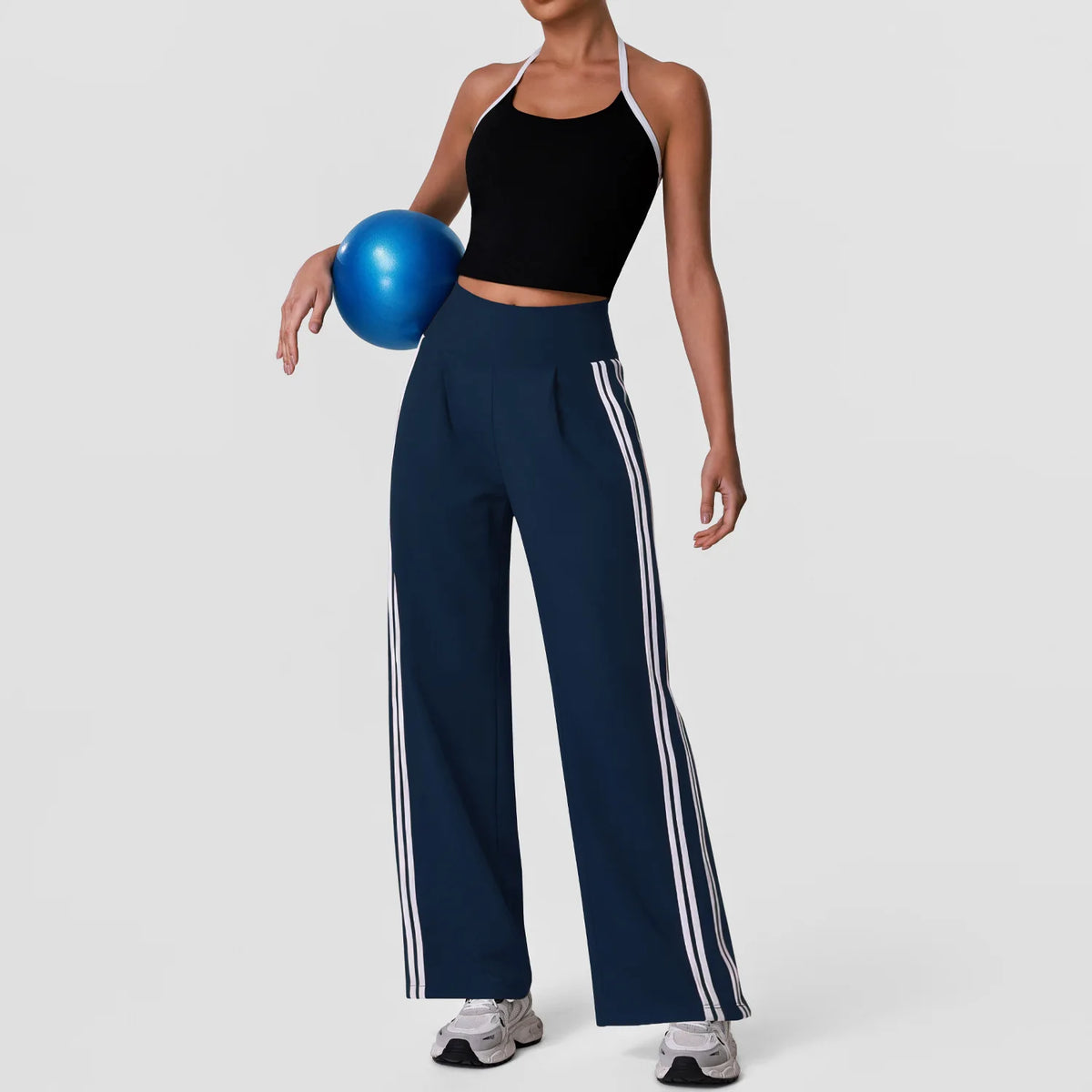 New Contrasting Striped Yoga Sets Women Hanging Neck Slim Sports Vest Gym Outfits High Waist Pocket Pants Running Fitness Suits
