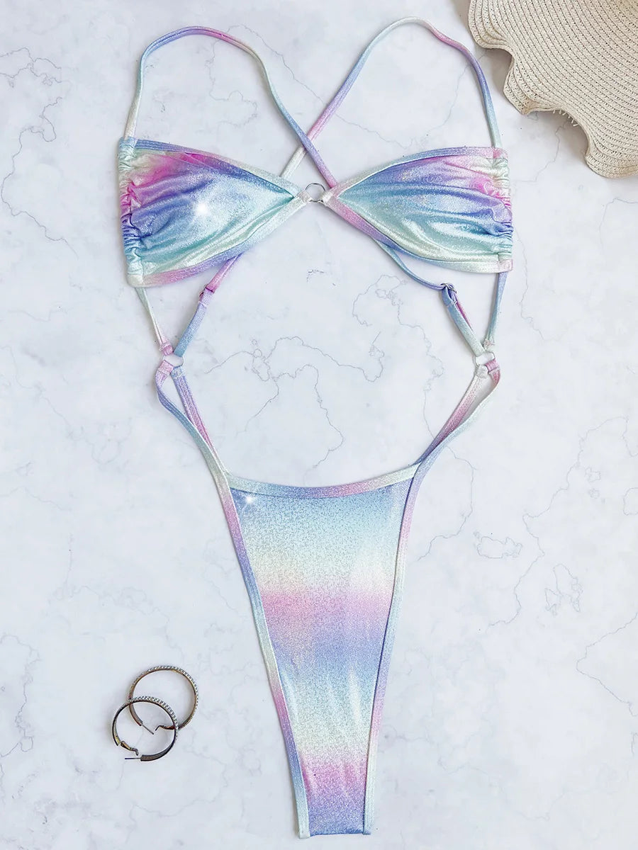 Gradient Extreme Mini Micro Thong Female Swimwear One Piece Swimsuit Women Backless Monokini High Cut Out Bathing Suit Swim Lady