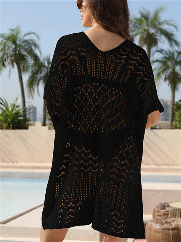 Sexy Hollow Out Beach Cover Up Women Blue White Knitted Crochet Tunic Mini Dress Short Sleeve V Neck Loose Cover-ups Beachwear