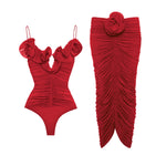 2025 Solid Red Flower One Piece Swimsuit Luxury Women Swimwear Sexy Swim Suit Deep V Monokini Off Shoulder Bodysuit Bathingsuit