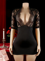 Women Lace V Neck Lingerie Nightgown 2PCS Set Bodycon Mini Dress Matching Briefs Black Sleepwear Lounge Dress