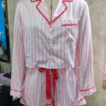 Women 2 Pieces Pajamas Sets fLong Sleeve Lapel V Neck Loose Fit Striped Print Tops with Elastic Waist Shorts Loungewear