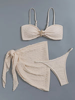 Sexy Starfish Pleate Push Up Bikini Set 2026 Women Beige Striped Cover Up 3 Piece Thong Swimsuit Beach Bathing Suit Swimwear