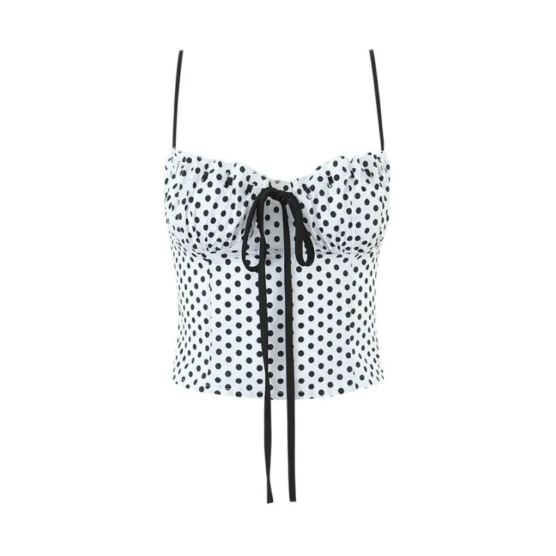 Sweet Girly Plaid Polka Dot Print With Drawstring Tie For Vacations Red Gingham With Bow Scallop Trim Fitted Bustier Style X6P8