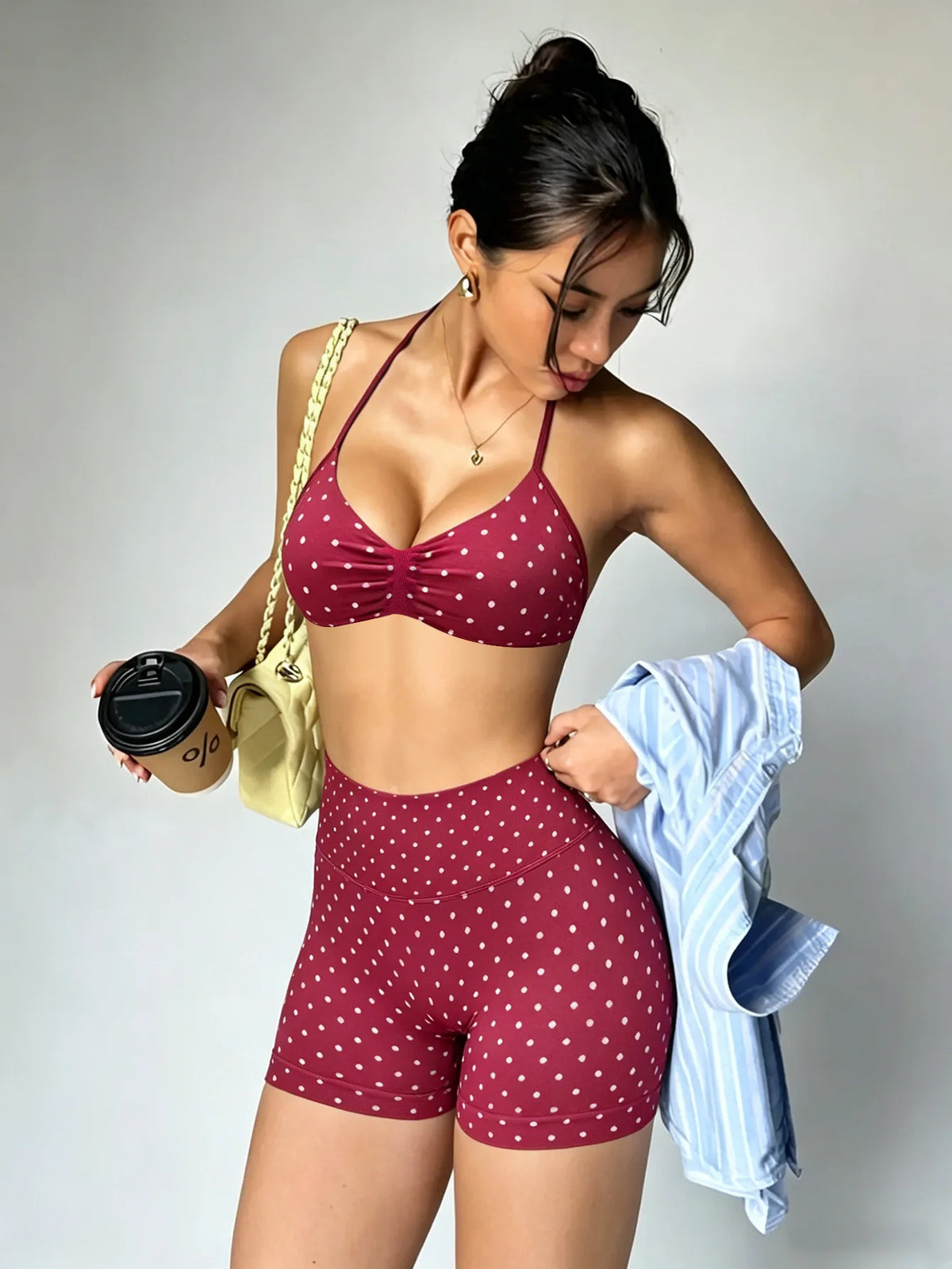 Sexy Black Polka Dot Print Seamless Yoga Sets Women Hanging Neck Pleate Sports Bra Tight High Waist Short Running Fitness Suits