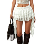 Women's Tiered Lace Ruffle Mini Skirts Asymmetric High Low Hem Gothic Skirts Elastic Waist Sexy Layered Flowy Lace Skirts Y2k