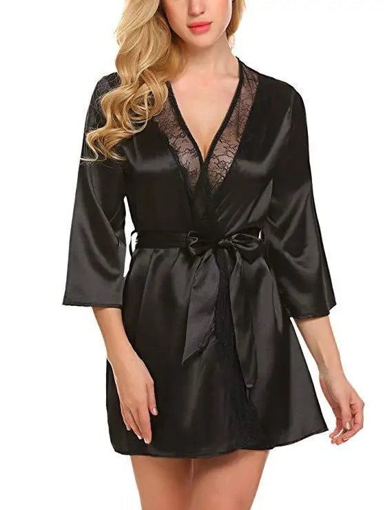 Women Sexy Lace Satin Robe Sleepwear Short Nightgown Kimono Bathrobe Lingerie Nighty Dress Soft Comfortable Black Plus Size