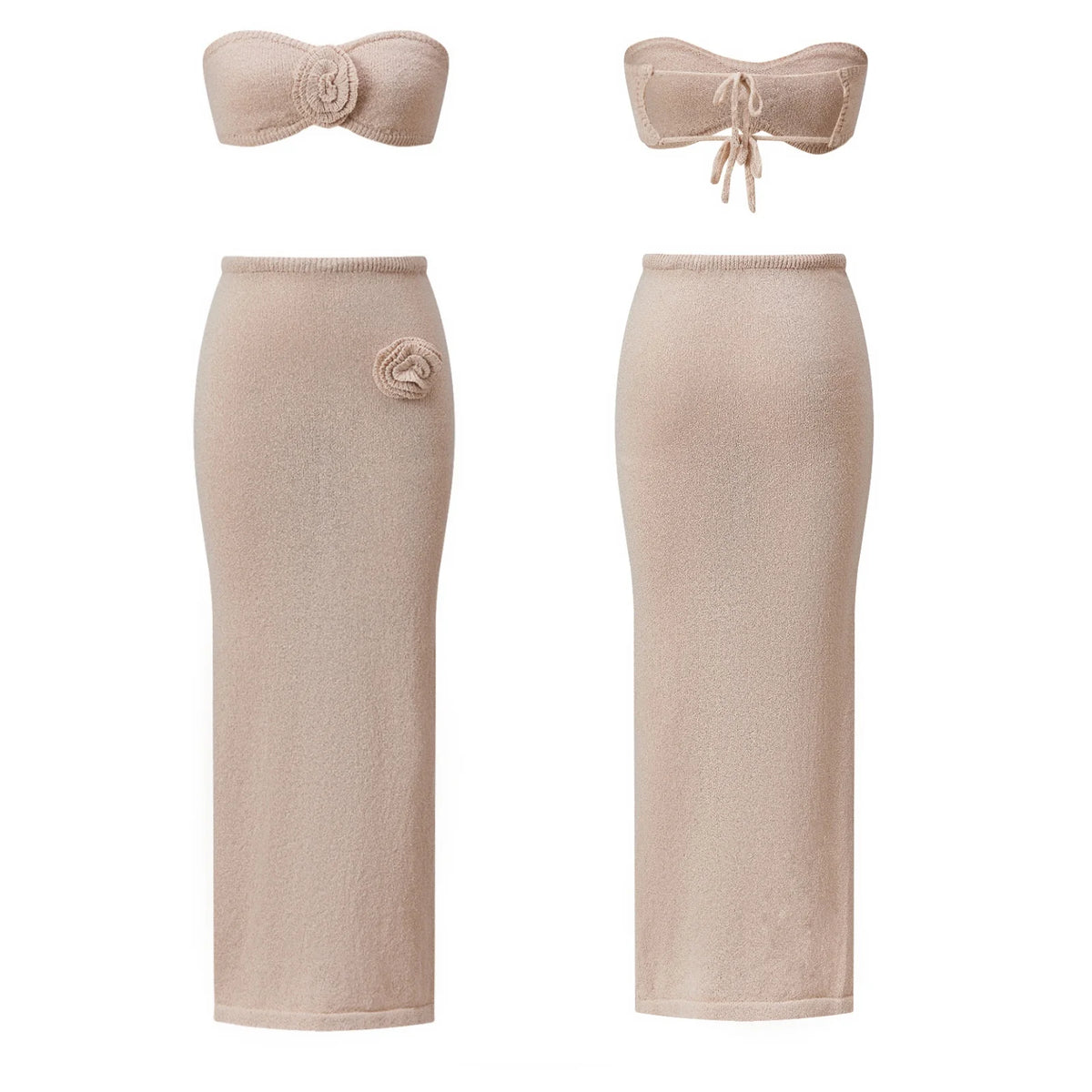 Women’s Two Piece Knit Summer Outfits Strapless 3D Flower Tube Tops and Long Skirt Set Beachwear Sexy Club Holiday Clothes