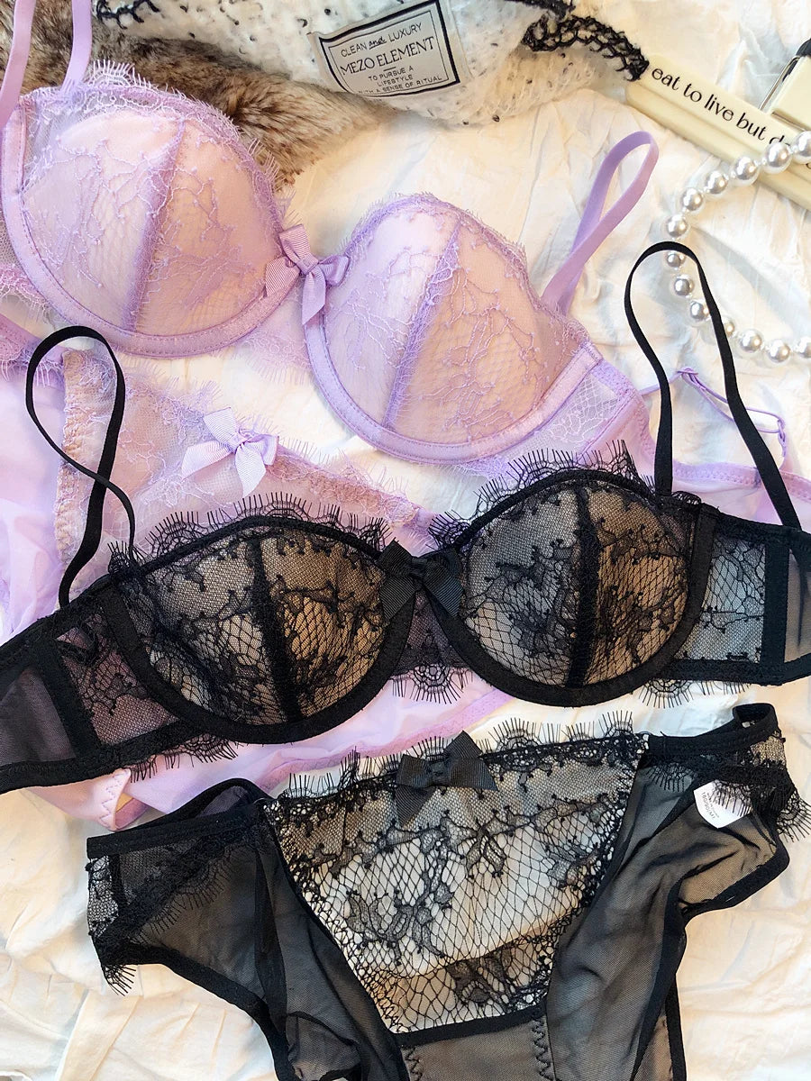 French Underwear Set Sexy Eyelash Lace Embroidery Bra Set Women 1/2 Cup Push Up Bras Small Breast Lingerie and Panties Set