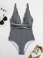 2026 Striped One Piece Swimsuit Sexy Swimwear Women V-neck Bathing Swimming Suit Female Summer Beachwear Bodysuit