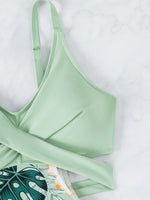 One Piece Swimsuit Women Vintage Green Floral Print Hollow Out Backless High Waist Bikini 2025 Bathing Suit Bandage Swimwear