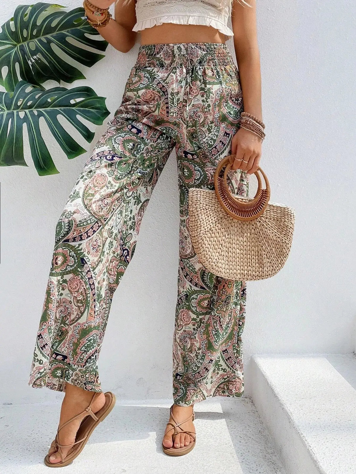 Women's 2026 Summer Versatile Printed Elastic Waist Wide Leg Pants